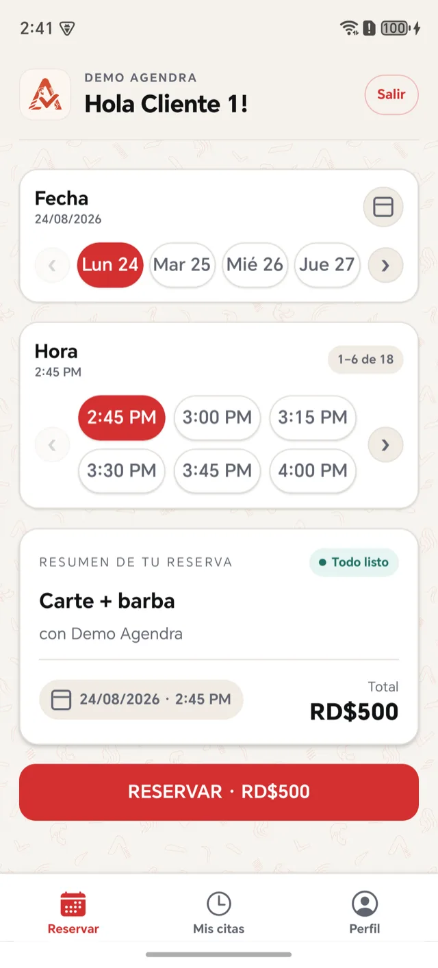 Confirmación de reserva en la app Agendra